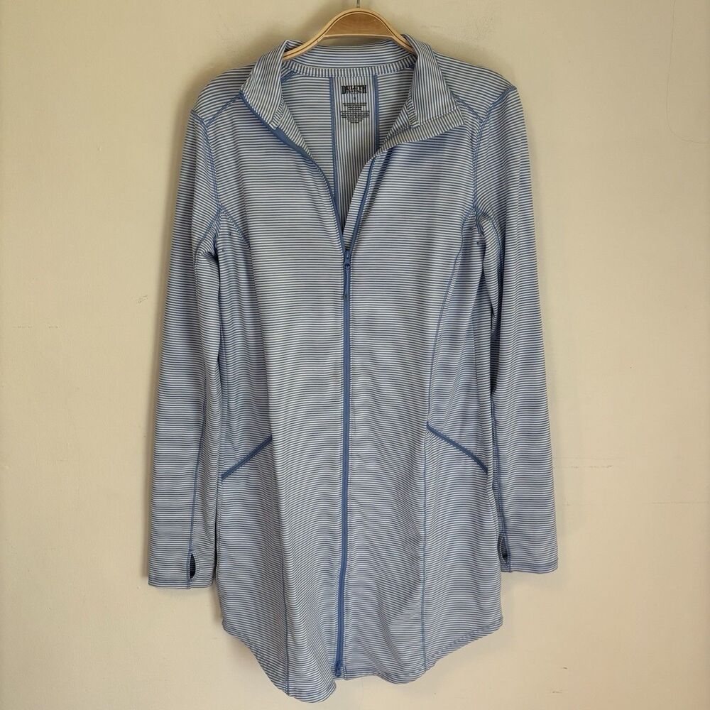 Duluth Trading Women's Pier Genius Full Zip Tunic Top S Blue Stripe UPF 50+